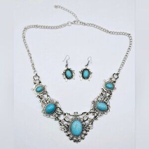 Boho Silver Filigree Faux Turquoise Statement Bib Necklace & Earring Set